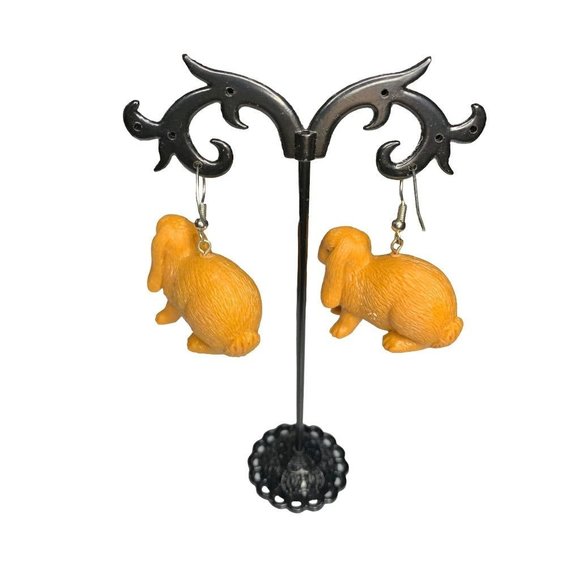 Brown Bunny Rabbit Plastic 1 3/4" Drop Dangle Pierced Hook Earrings - Picture 7 of 8